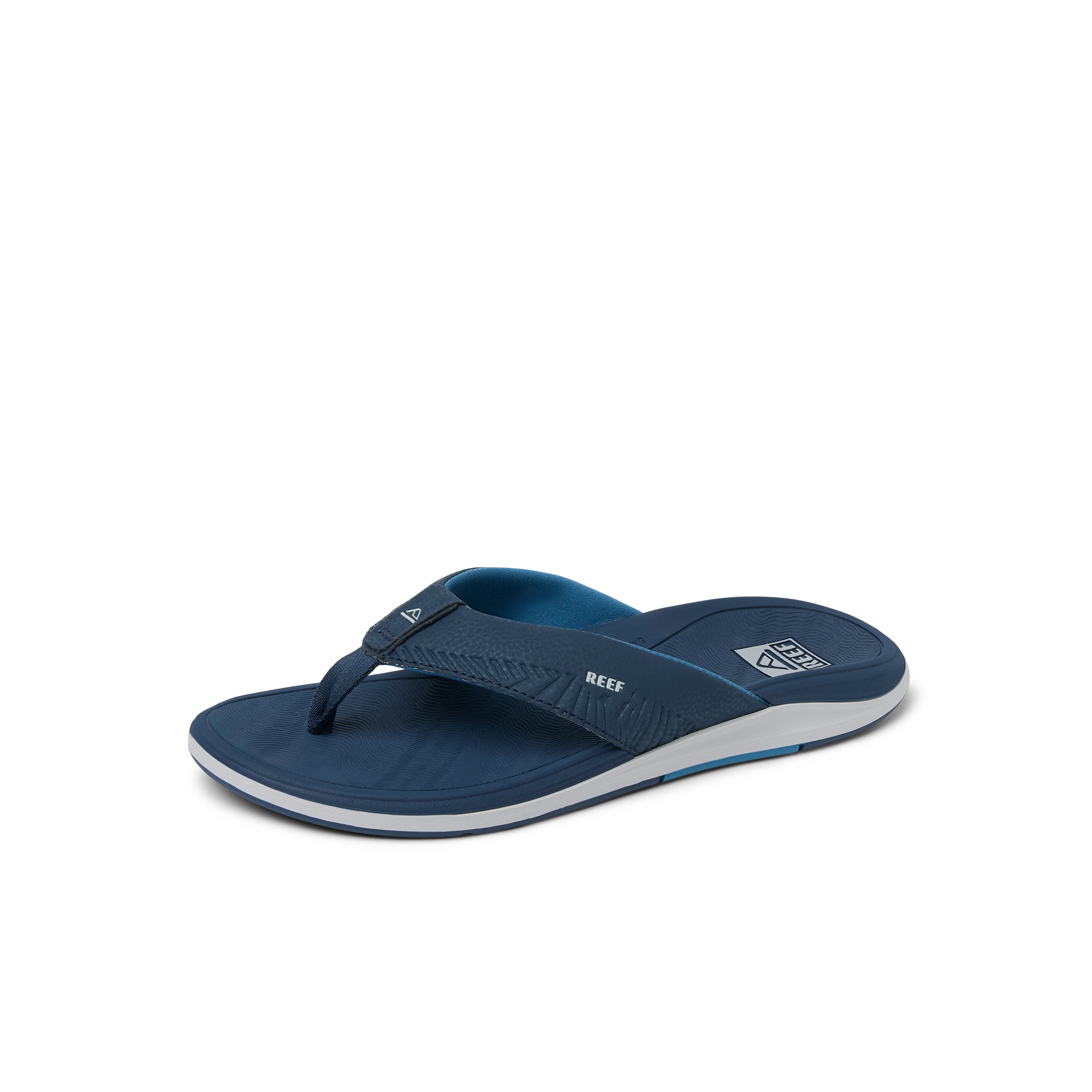 Offshore men's navy blue flip flop facing right, showing front and side with comfort-focused, beach-inspired design.