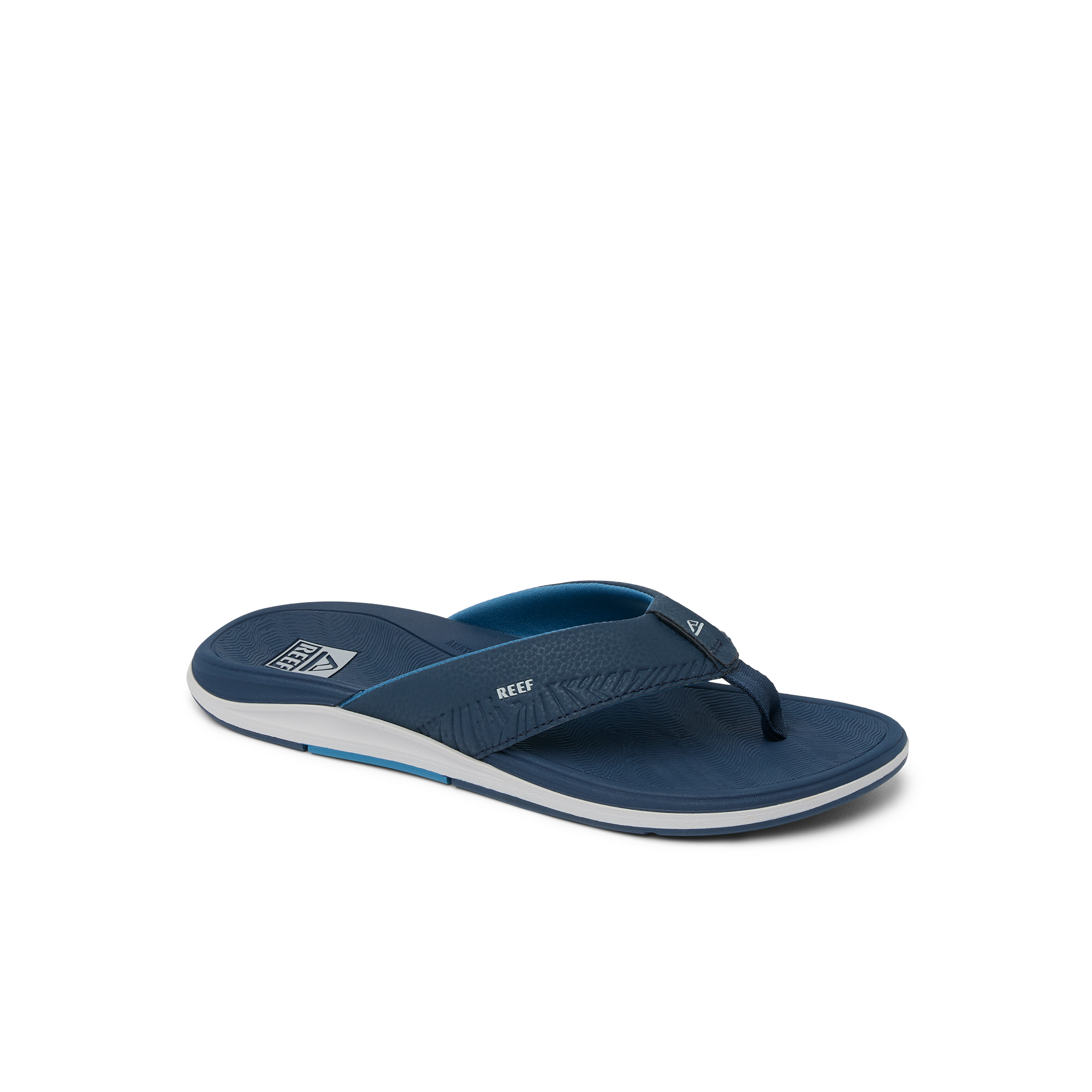 Offshore men’s navy and grey flip flop facing left with anatomical arch support and soft cushioning for beach comfort
