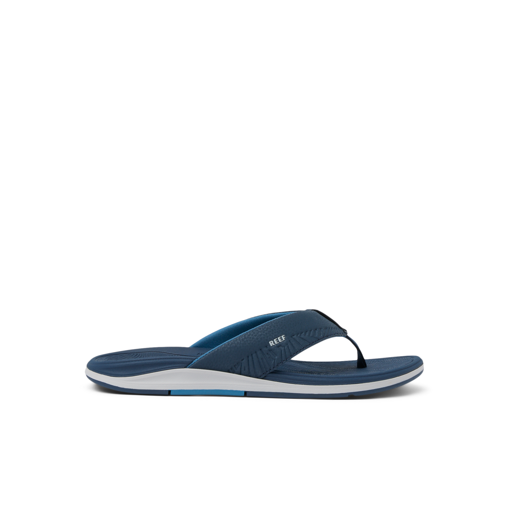 Offshore men's navy blue flip flop facing right with extra cushioning and anatomical arch support for beach comfort