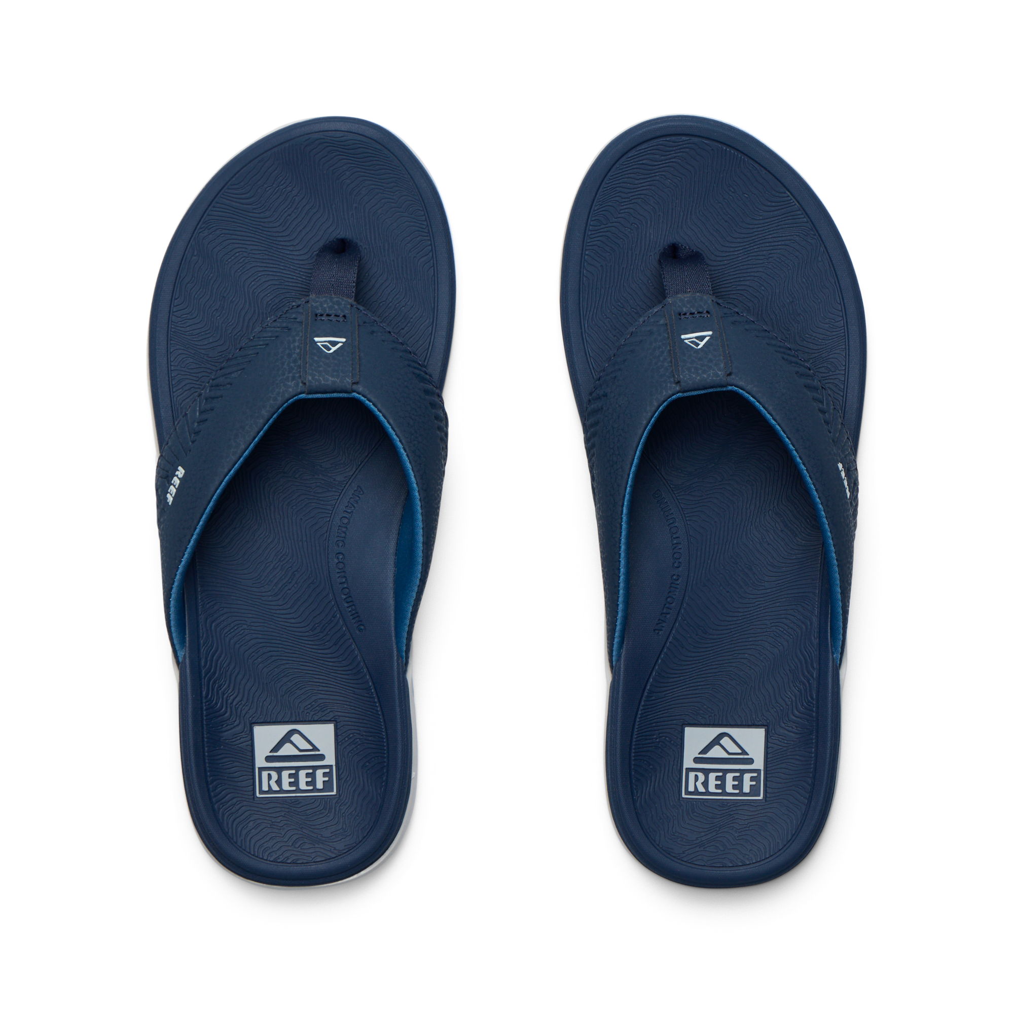 Offshore men's navy blue flip flops top view, surf-inspired comfort with anatomical arch support and cushioned footbed.