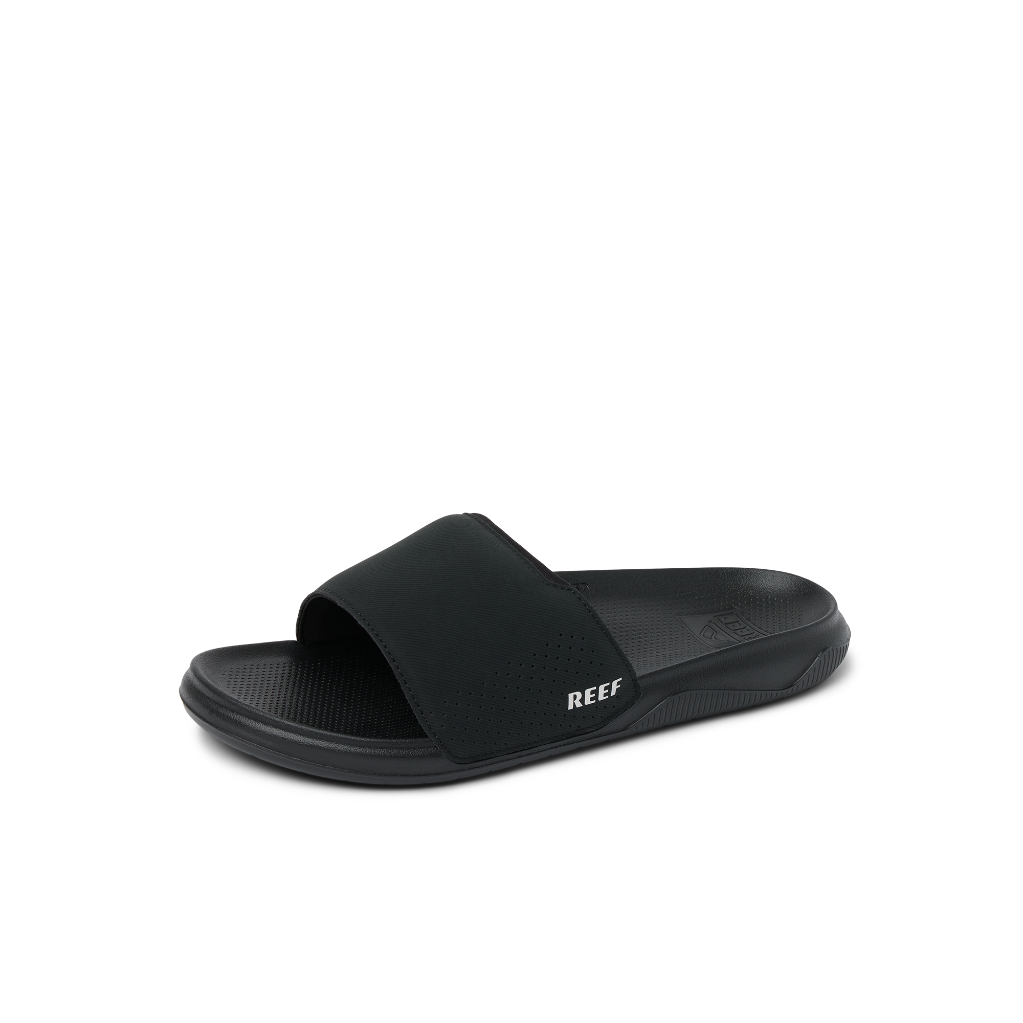 Tailslide black slide sandal facing right, showing top and side, with anatomical arch support and cushioned footbed.