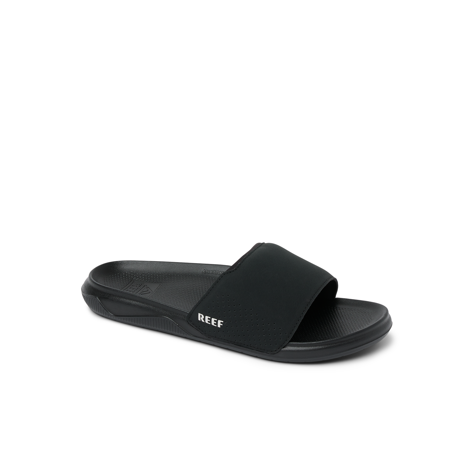 Tailslide men's black slide facing right showing top and side with arch support, water-friendly beach-inspired design