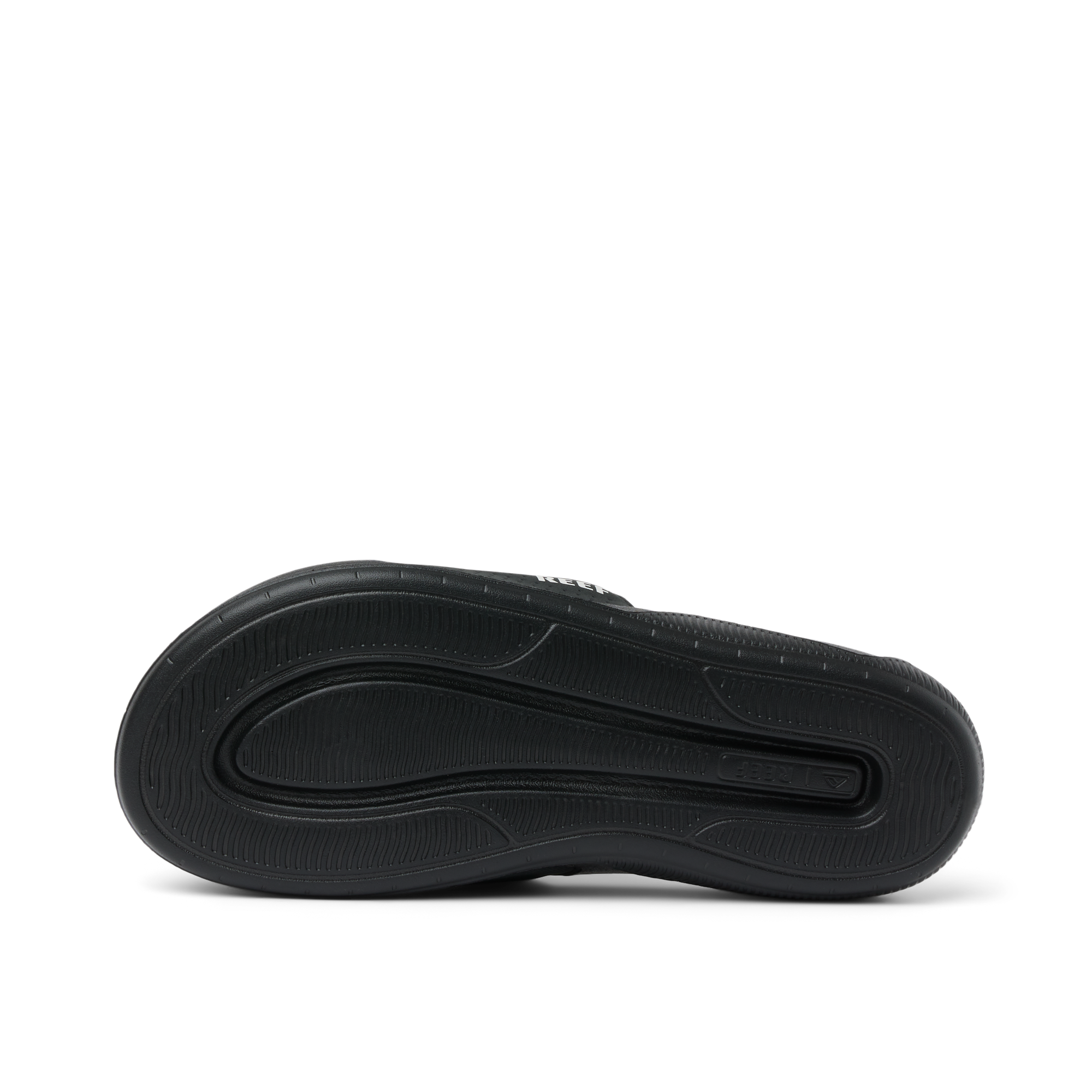 Tailslide black footwear showing the bottom sole facing up with surf-inspired durable, water-friendly comfort features.