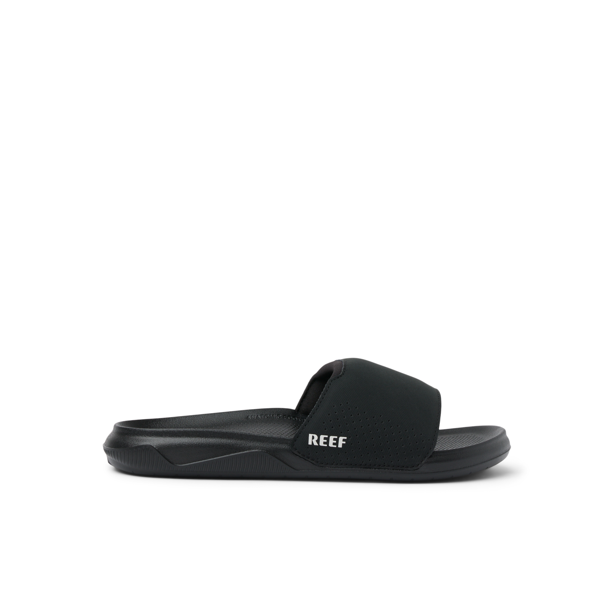 Tailslide men's black slide facing right, showing side profile with anatomical arch support and water-friendly design.