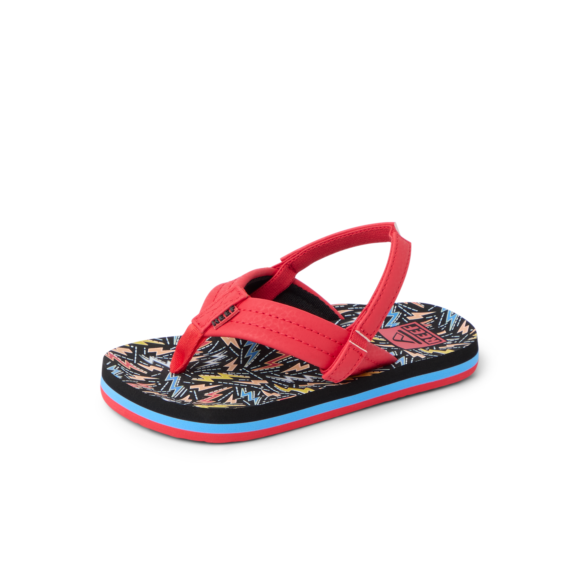 Little Ahi toddler boys' sandal facing left, red straps, colorful patterned footbed with arch support and soft cushioning.