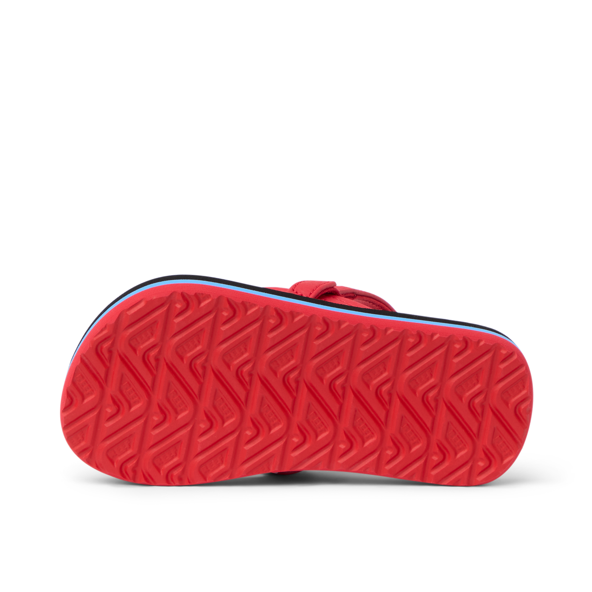 Little Ahi boys sandal sole facing up, showing durable, water-friendly textured outsole with arch support.