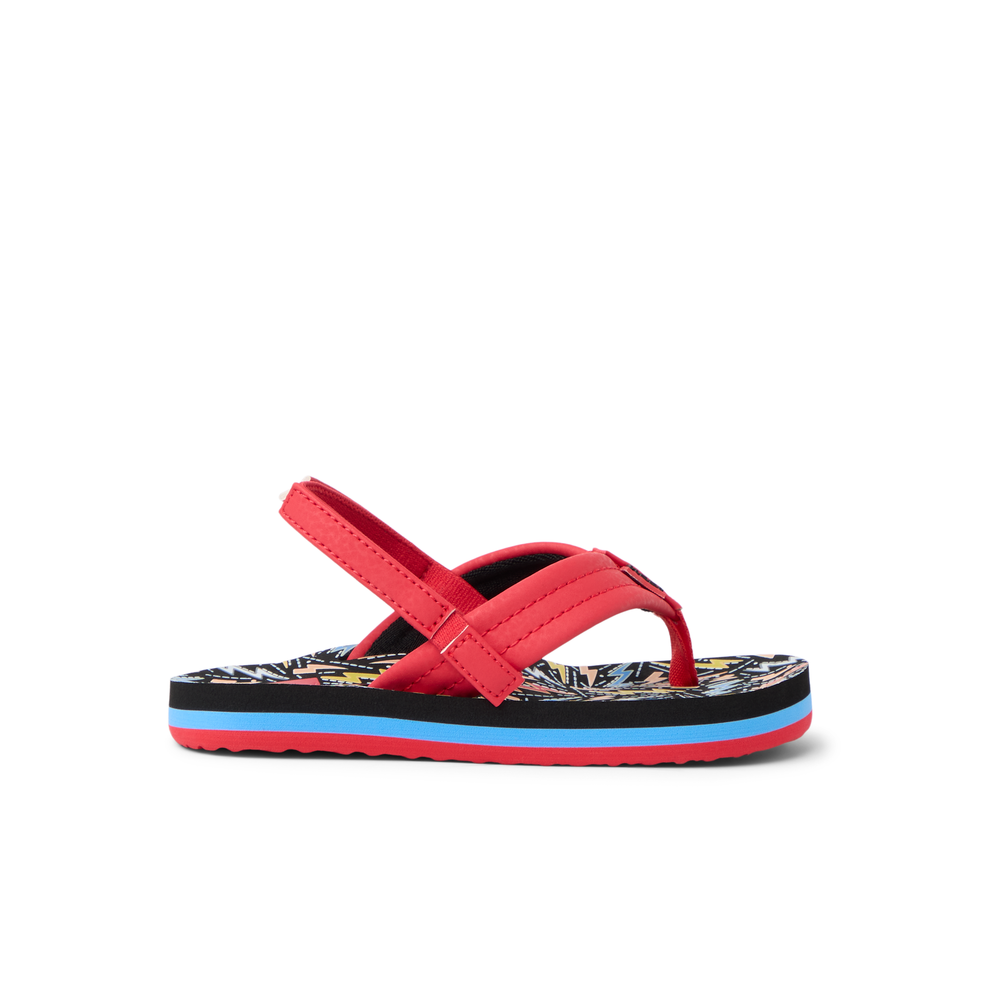 Little Ahi sandal for boys facing left, showing red straps and patterned footbed, designed for beach comfort and durability.