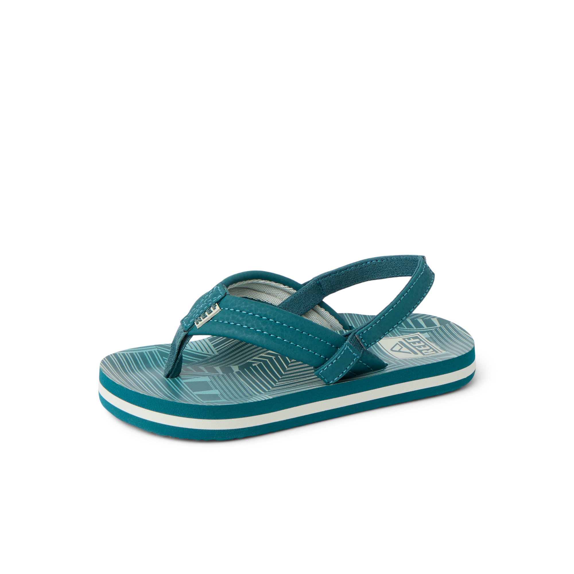 Little Ahi boys' sandal facing left, showing top and side with soft cushioning and arch support in teal stripe design.