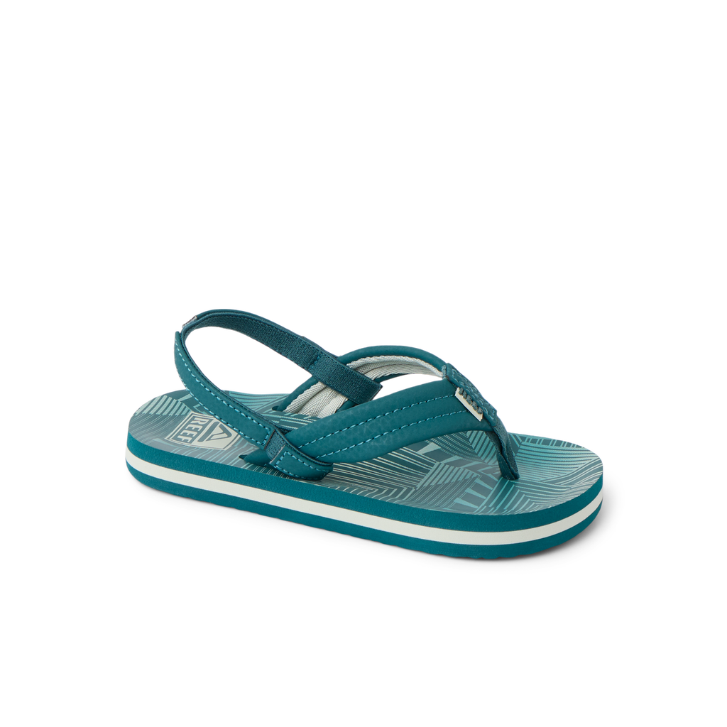 Little Ahi boys’ sandal facing right, soft cushioning, arch support, water-friendly, toddler size 2-4 years, surf-inspired design.