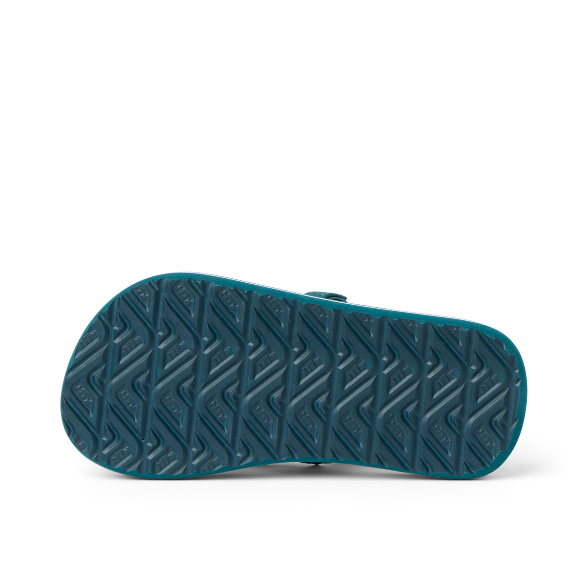 Little Ahi boys sandal showing the bottom sole with durable, water-friendly tread pattern facing up.