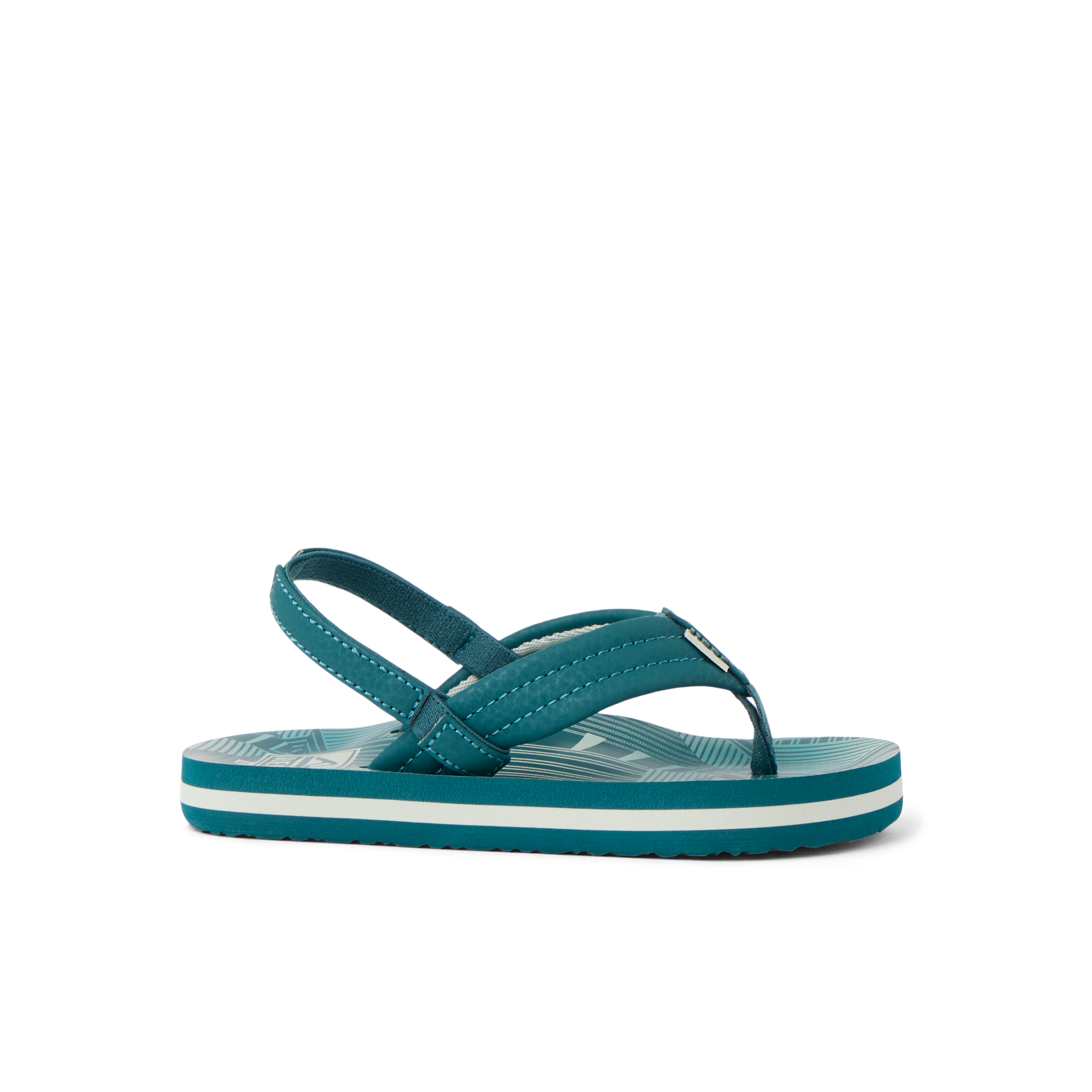 Little Ahi boys' sandal facing left, teal with striped footbed, featuring soft-rebound cushioning and arch support.