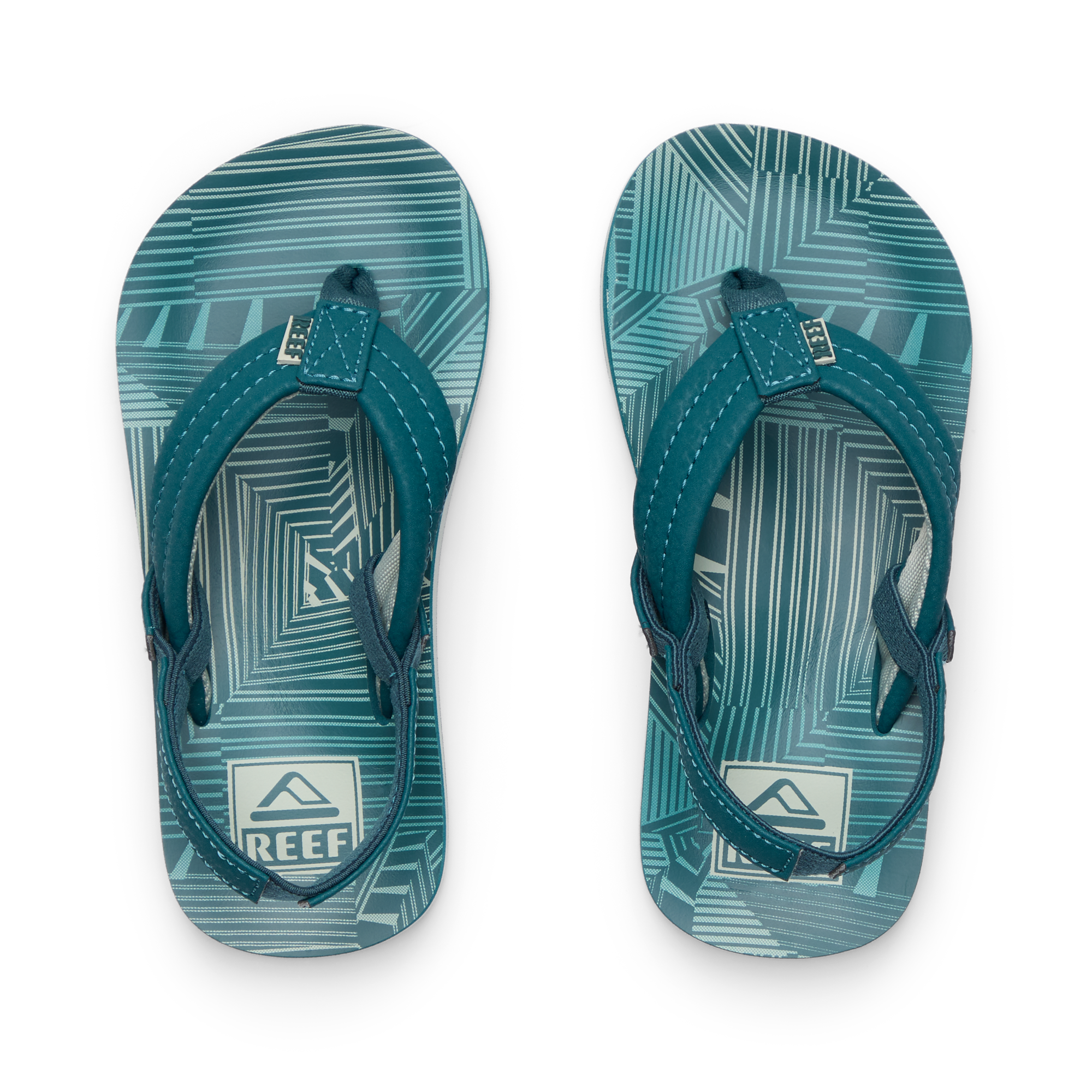 Little Ahi top view of blue patterned boys' sandals with arch support, soft cushioning, and water-friendly materials.