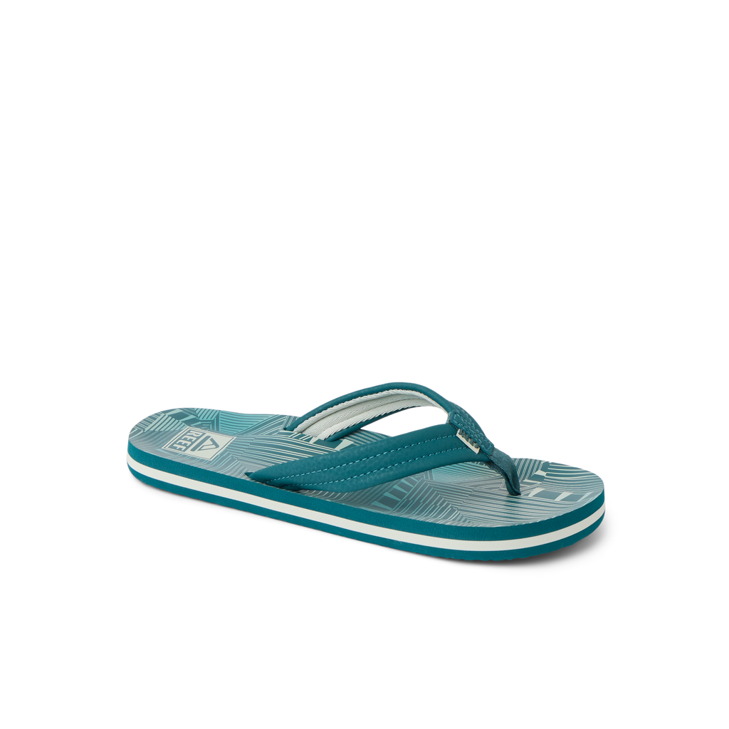 Kids Ahi flip flop facing right, teal stripes, featuring anatomical arch support and soft-rebound cushioning for comfort.