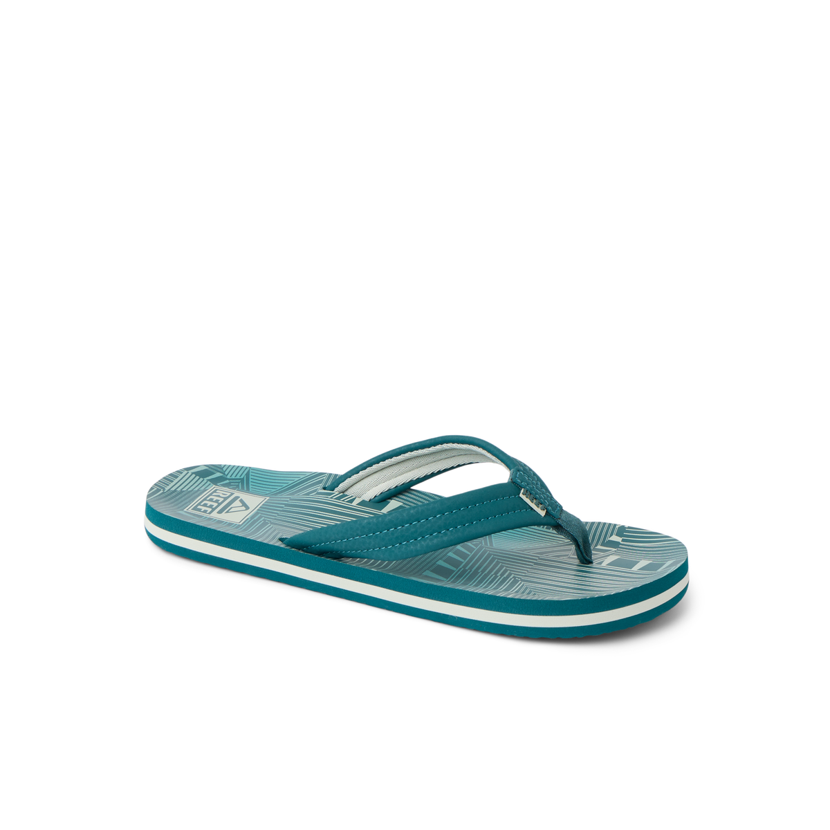 Kids Ahi flip flop facing right, teal stripes, featuring anatomical arch support and soft-rebound cushioning for comfort.