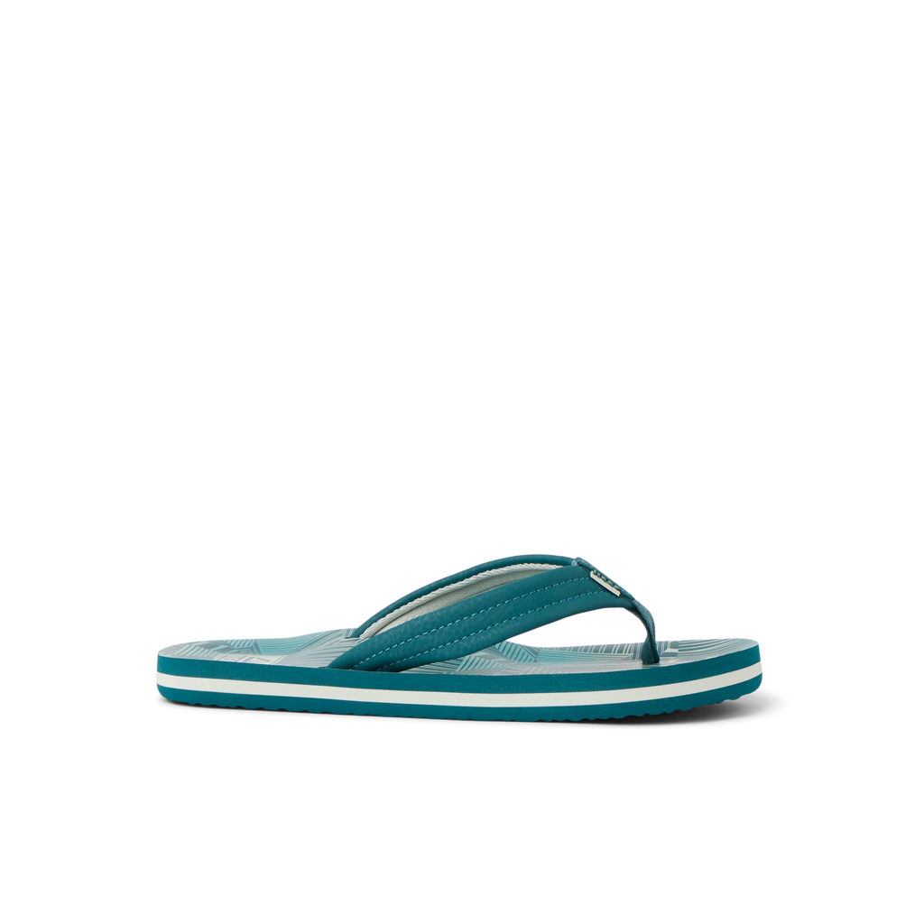 Kids Ahi right-facing teal striped sandal with soft cushioning and anatomical arch support for boys aged 5-10.