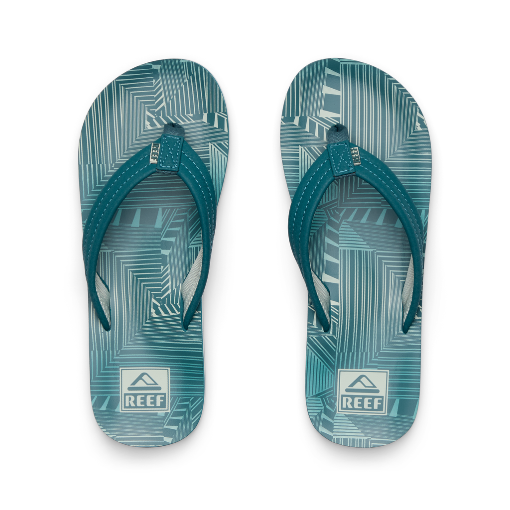 Kids Ahi blue striped flip flops for boys facing up, featuring anatomical arch support and soft-rebound cushioning.