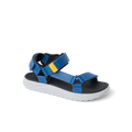 Kids Shoremazing sandal facing left, blue straps with yellow detail, black footbed, white sole, durable water-friendly design.