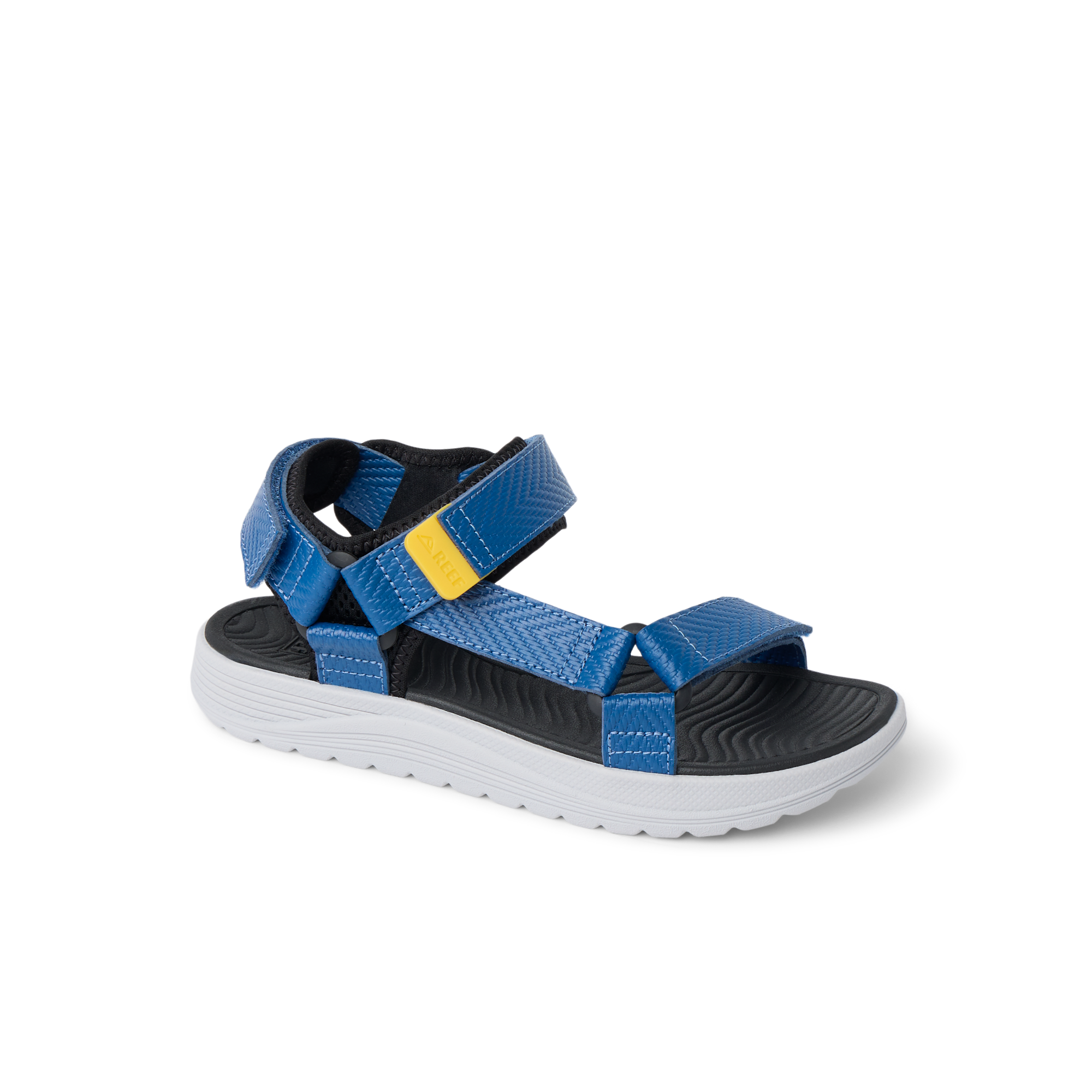 Kids Shoremazing sandal facing left, blue straps with yellow detail, black footbed, white sole, durable water-friendly design.