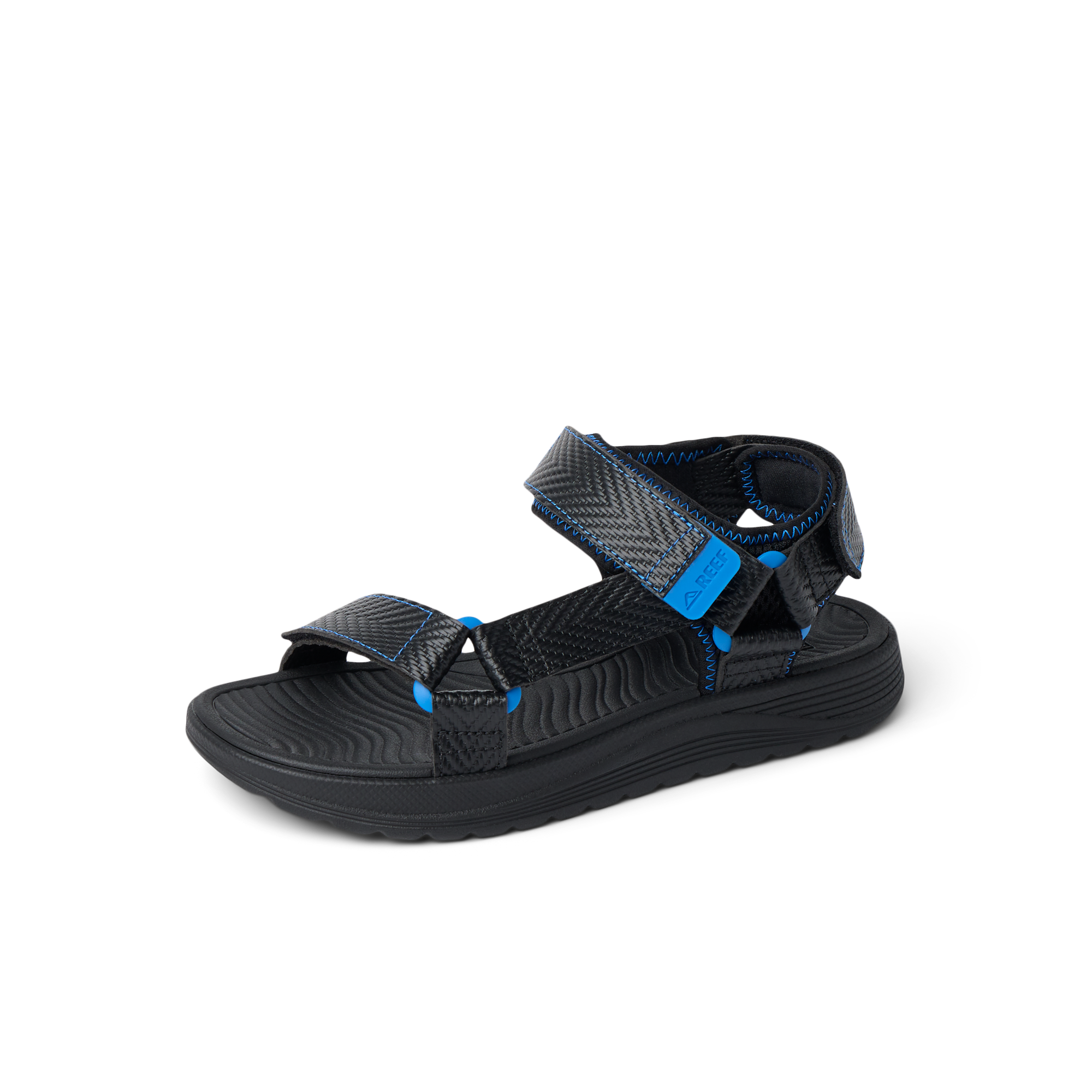 Kids Shoremazing sandal facing left, black and blue with anatomical arch support and soft cushioning for comfort.