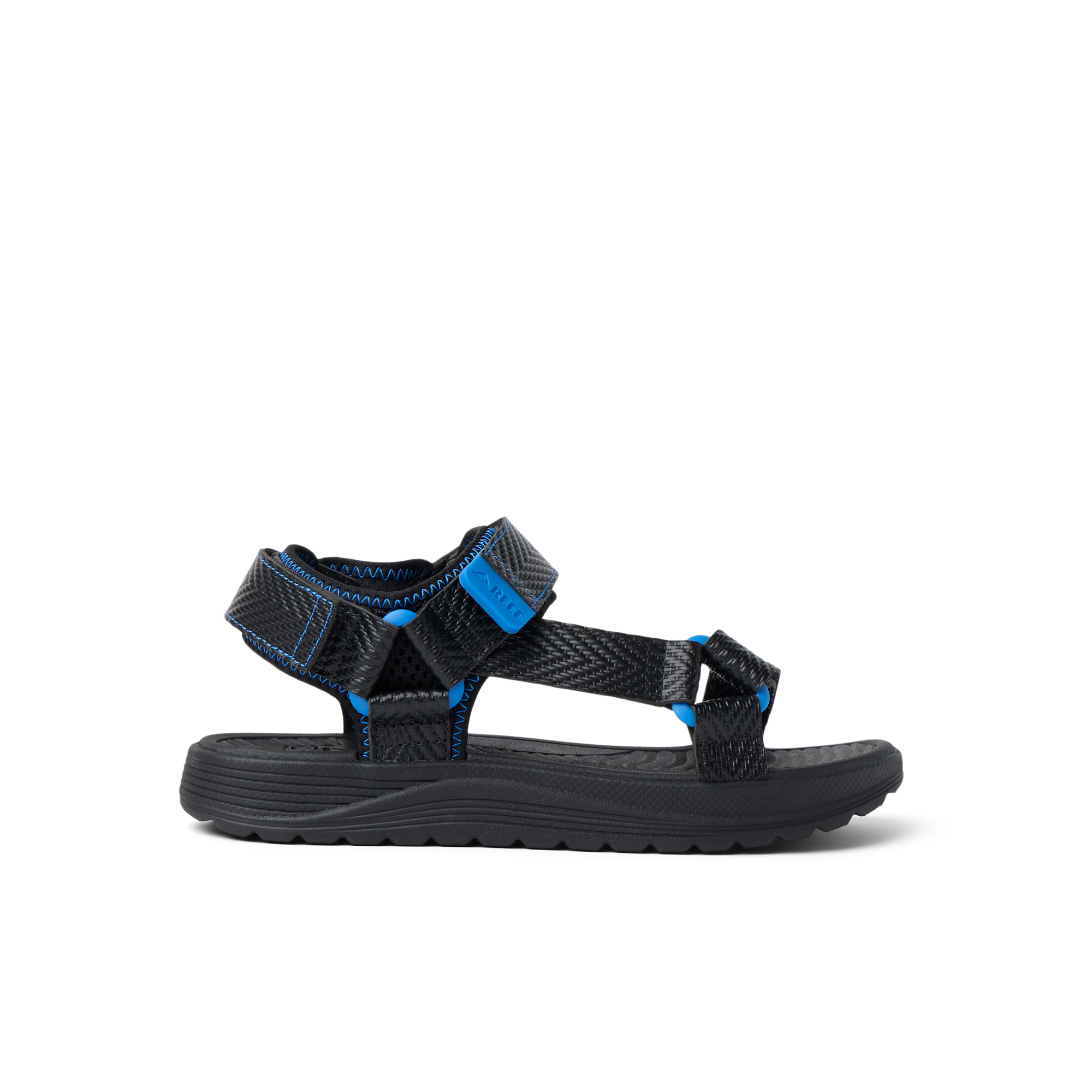 Kids Shoremazing sandal for boys facing right, black and blue with anatomical arch support and water-friendly materials.