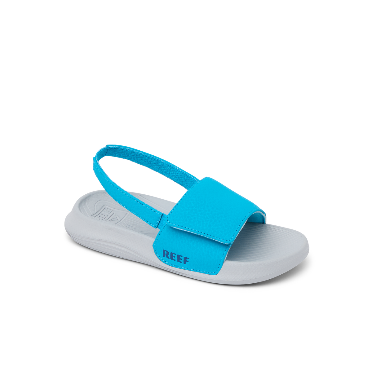 Little Salty Slide facing right, blue and grey kids’ slide sandal with adjustable strap, comfort footbed, and arch support.