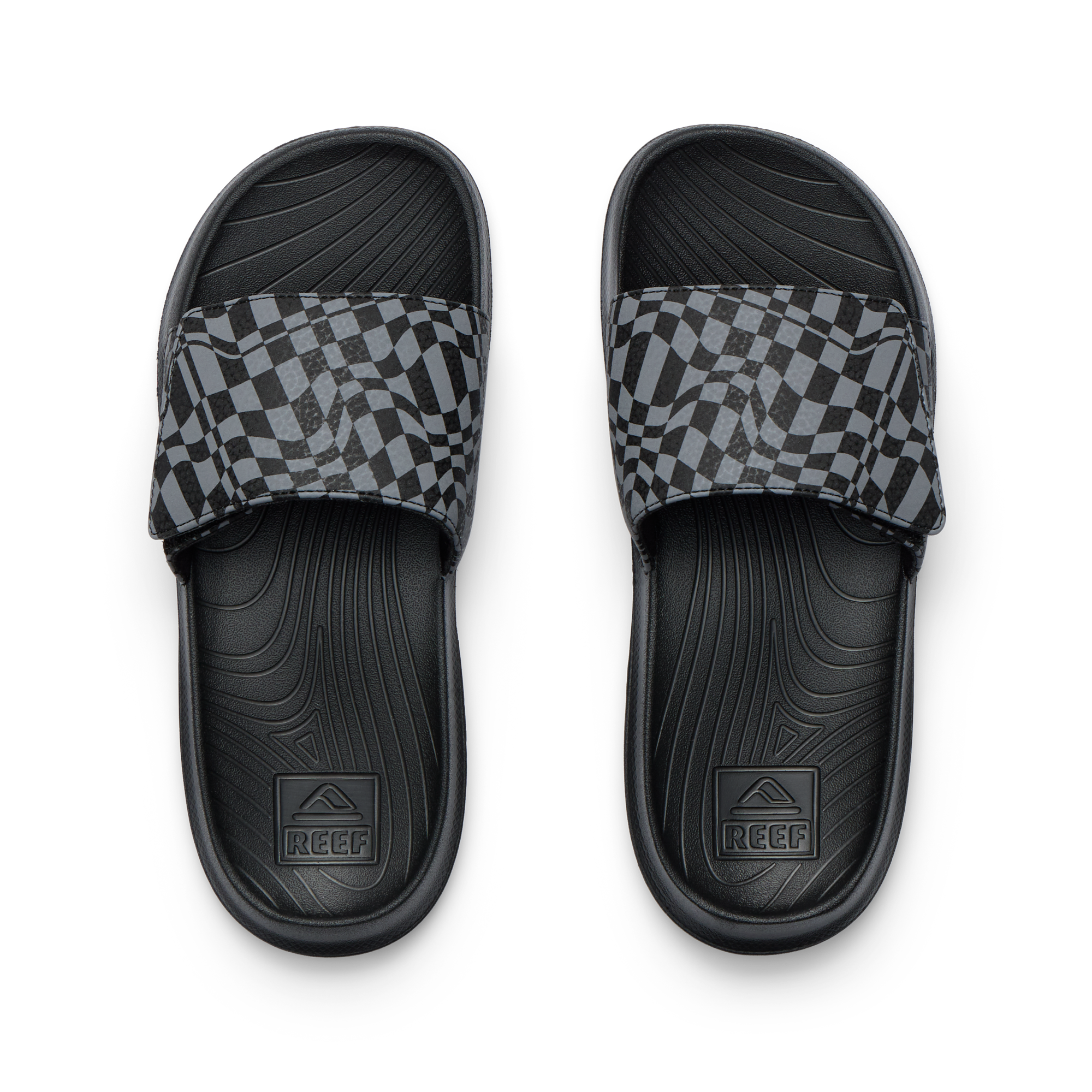 Top view of black Kids Salty Slide with gray checker pattern strap, featuring comfort footbed and anatomical arch support.