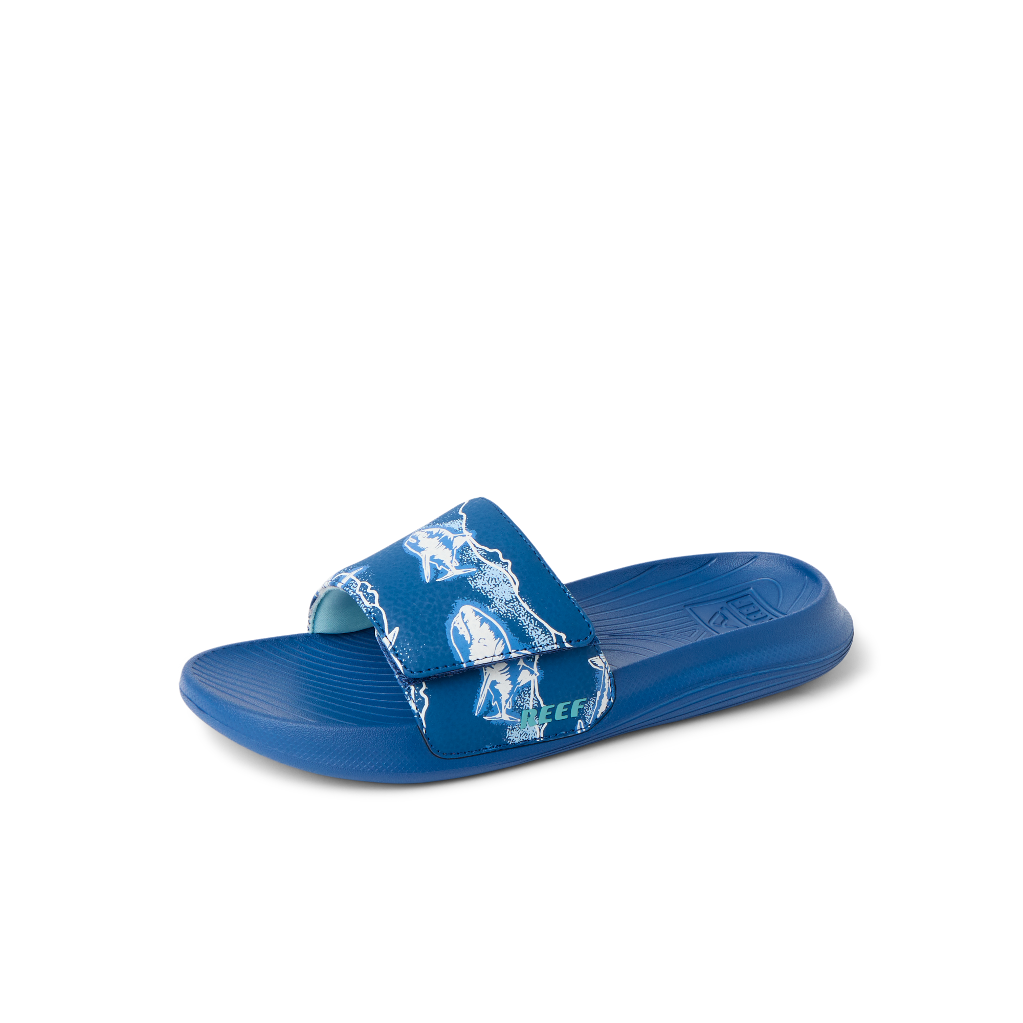 Kids Salty Slide facing left, close-up of royal blue slide with surf-inspired strap and molded footbed for comfort.
