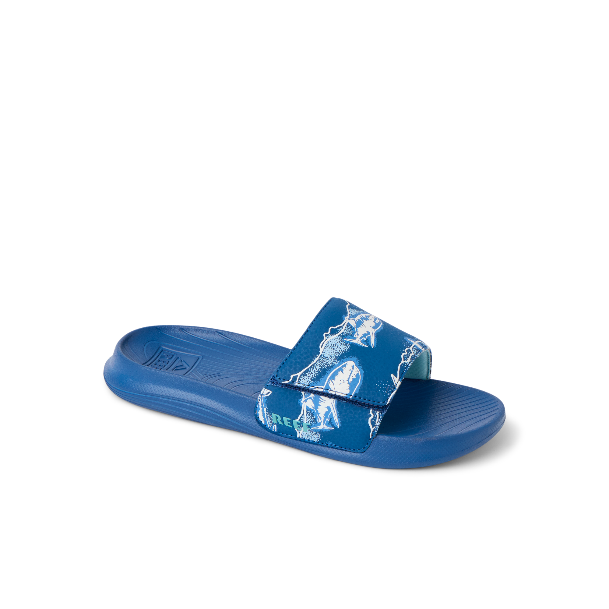 Kids Salty Slide facing right, close-up of upper and sole showing water-friendly, cushioned comfort for boys.