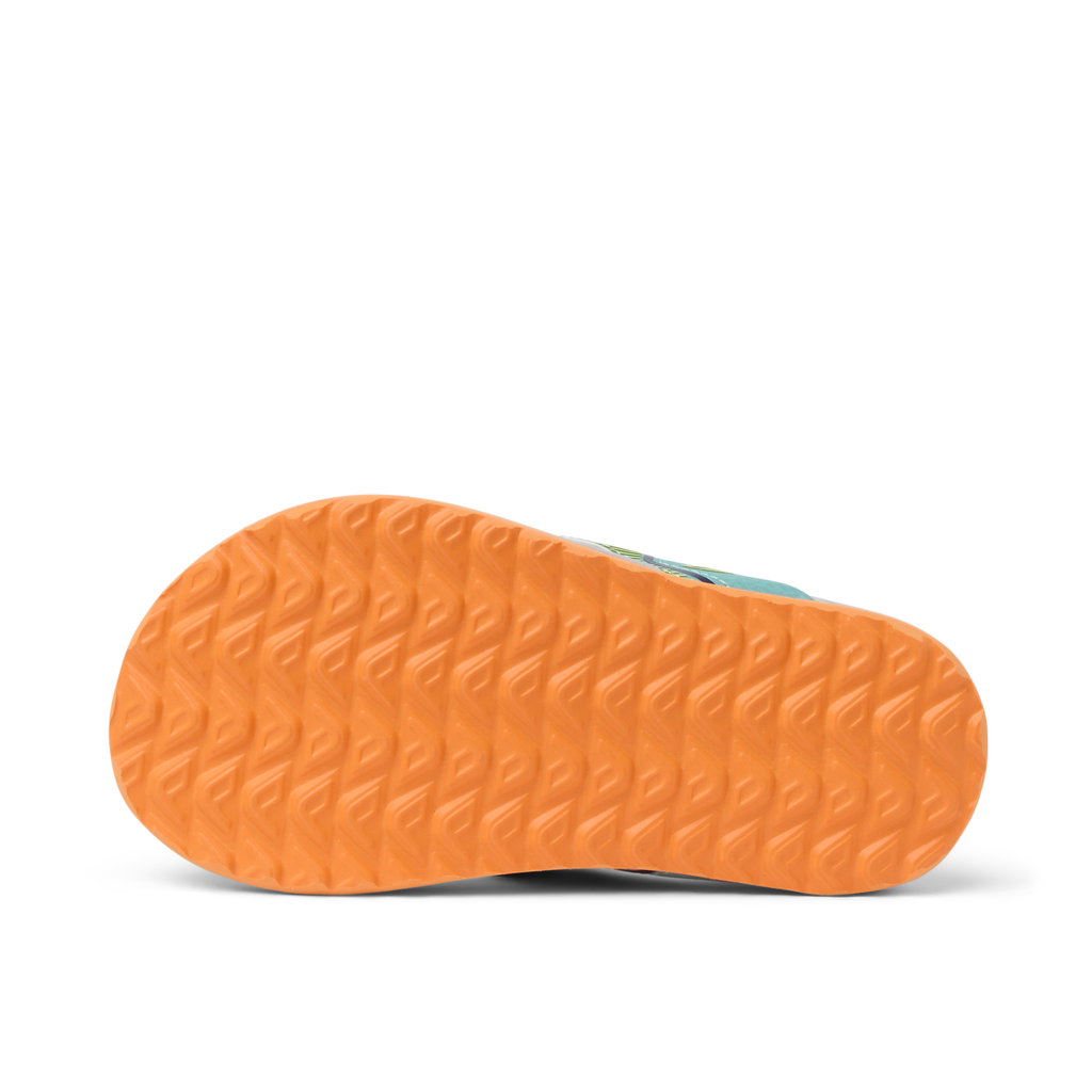Little Windswell flip flop sole facing up, showing durable orange tread with water-friendly, comfort-focused design.