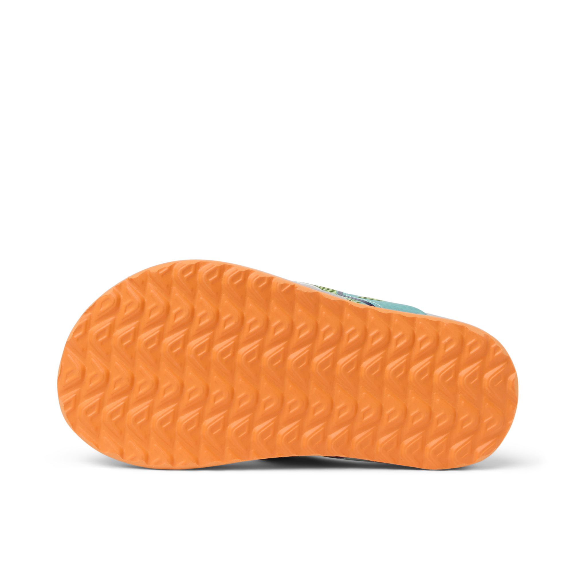 Little Windswell flip flop sole facing up, showing durable orange tread with water-friendly, comfort-focused design.
