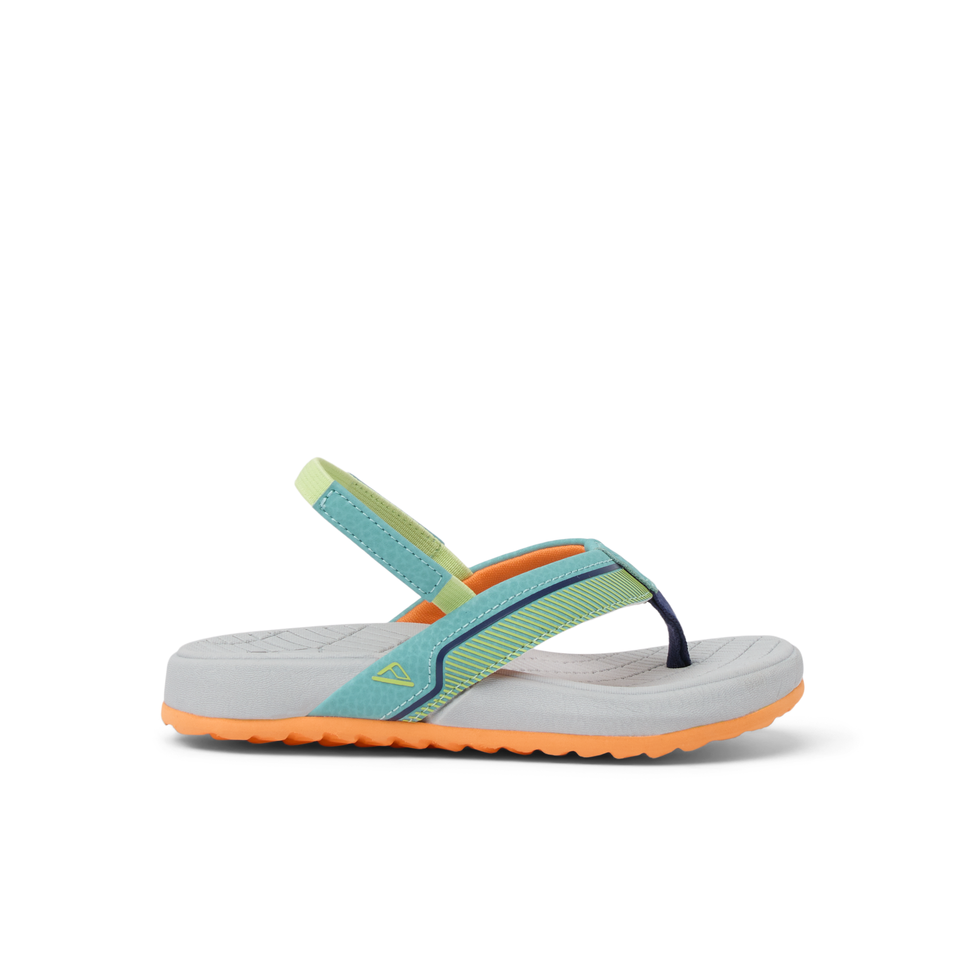 Little Windswell boys' grey and orange flip flop facing right, showing side with arch support and cushioning.