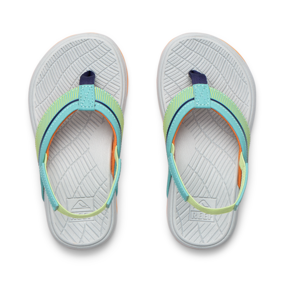 Top view of Little Windswell boys' flip flops facing upward with cushioned arch support and water-friendly materials.
