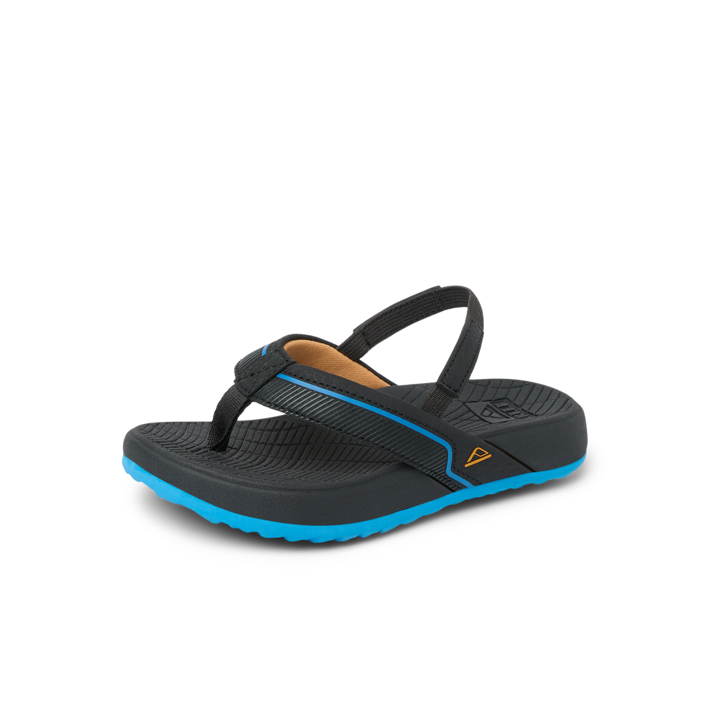 Little Windswell right-facing kids' black and blue flip flop sandal with arch support and cushioned footbed.