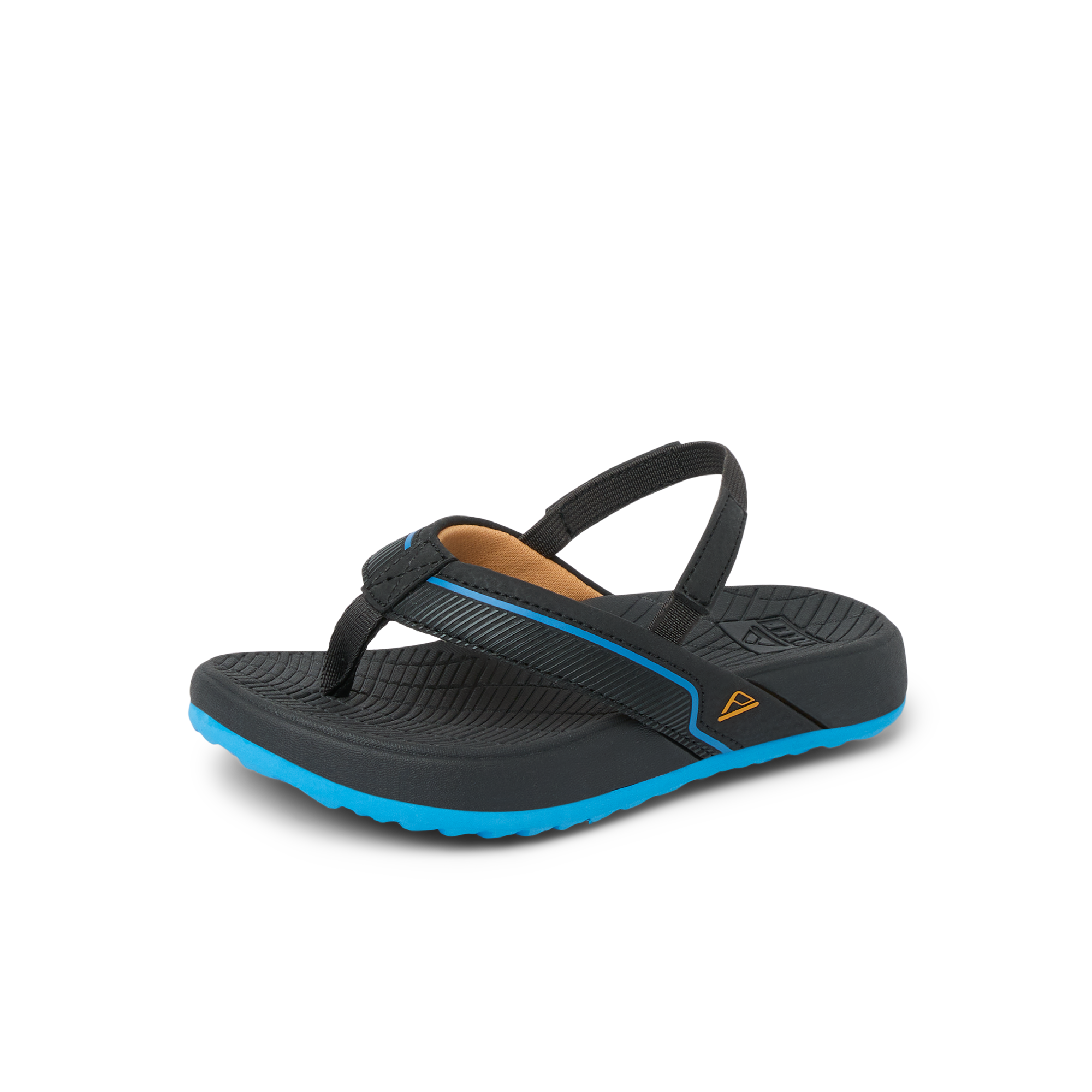 Little Windswell right-facing kids' black and blue flip flop sandal with arch support and cushioned footbed.