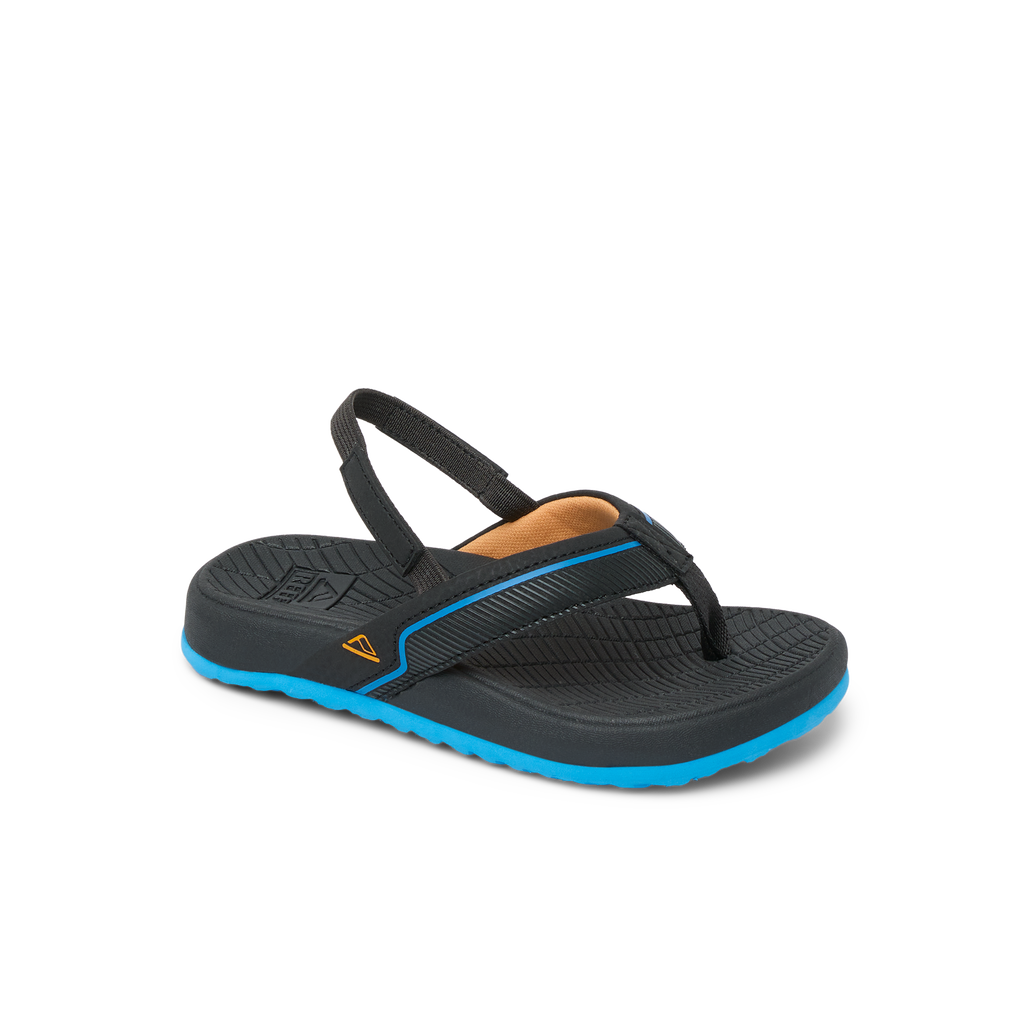 Little Windswell boys flip flop facing right with black and blue water-friendly sole and arch support sandals for beach comfort.