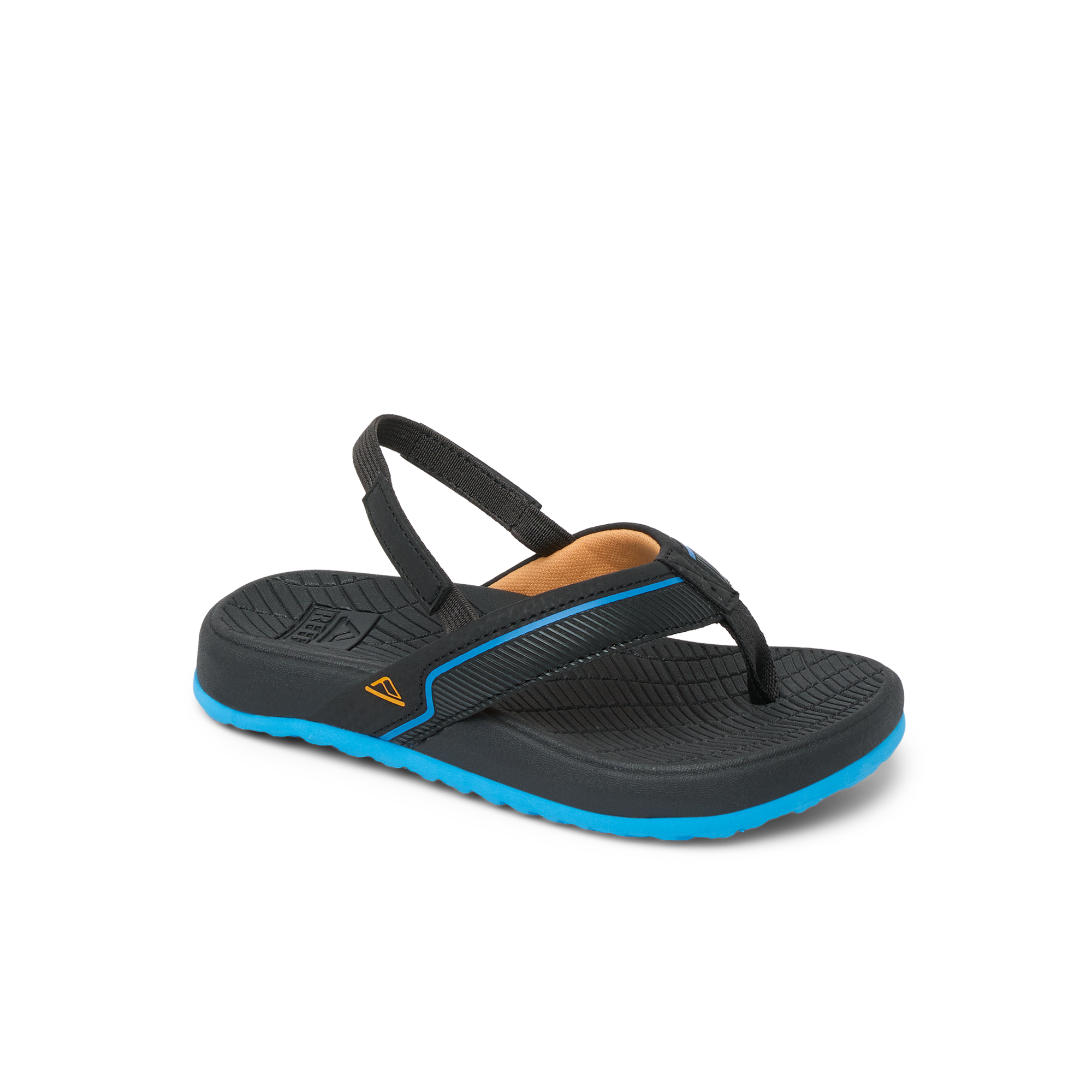 Little Windswell boys flip flop facing right with black and blue water-friendly sole and arch support sandals for beach comfort.