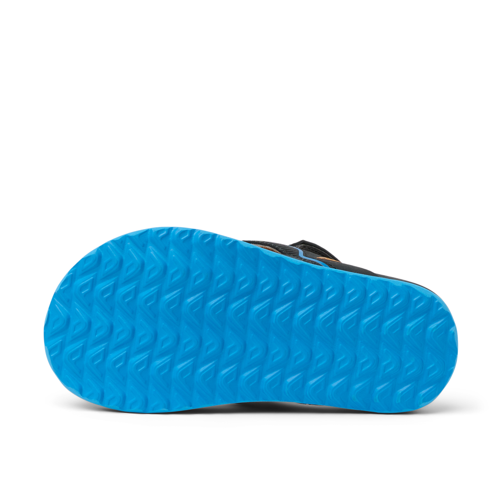 Little Windswell boys flip flop sole view facing up, showing durable blue water-friendly tread for beach comfort.