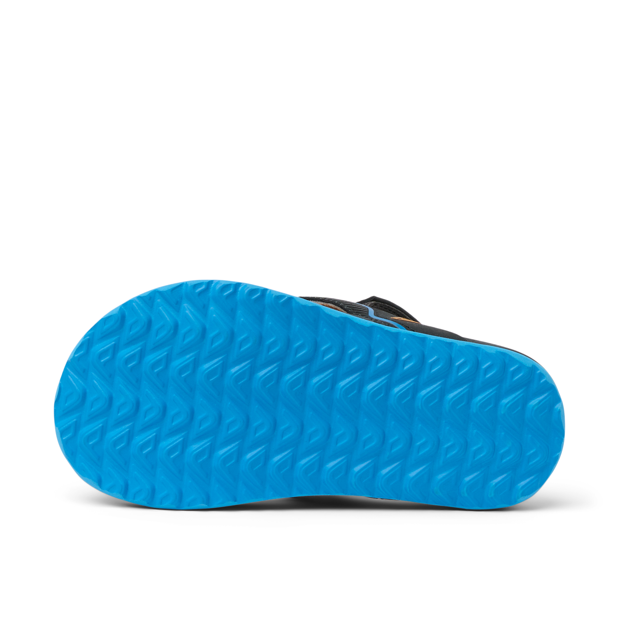 Little Windswell boys flip flop sole view facing up, showing durable blue water-friendly tread for beach comfort.