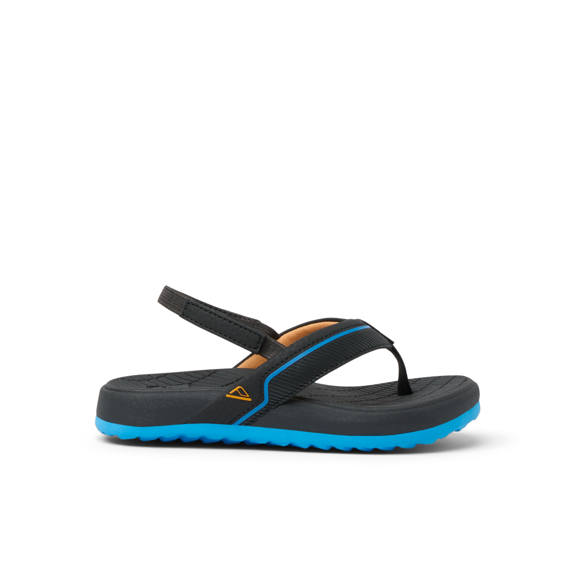 Side view of black and blue Little Windswell flip flop for boys with arch support and cushioned sole for beach comfort.