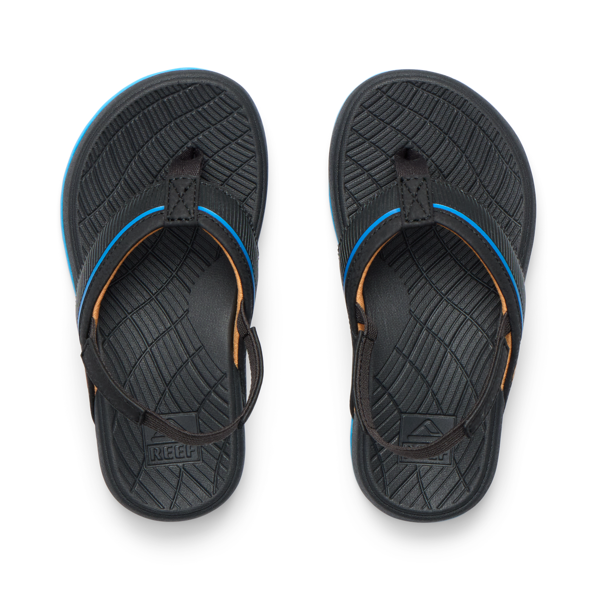 Top view of Little Windswell black and blue flip flops for boys, showing cushioned footbed and water-friendly straps.