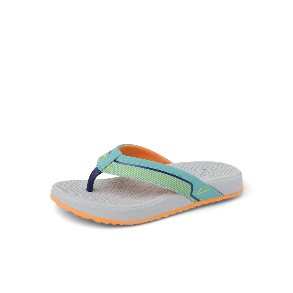 Kids Windswell boys' flip flop facing left showing cushioned footbed with arch support and orange sole