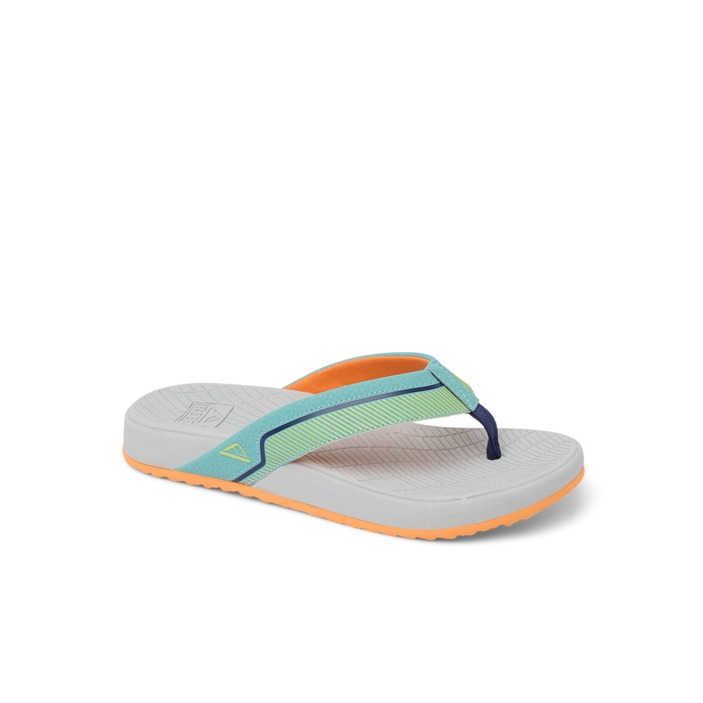 Kids Windswell flip flop facing right, showing side and top view with cushioned grey footbed and orange sole