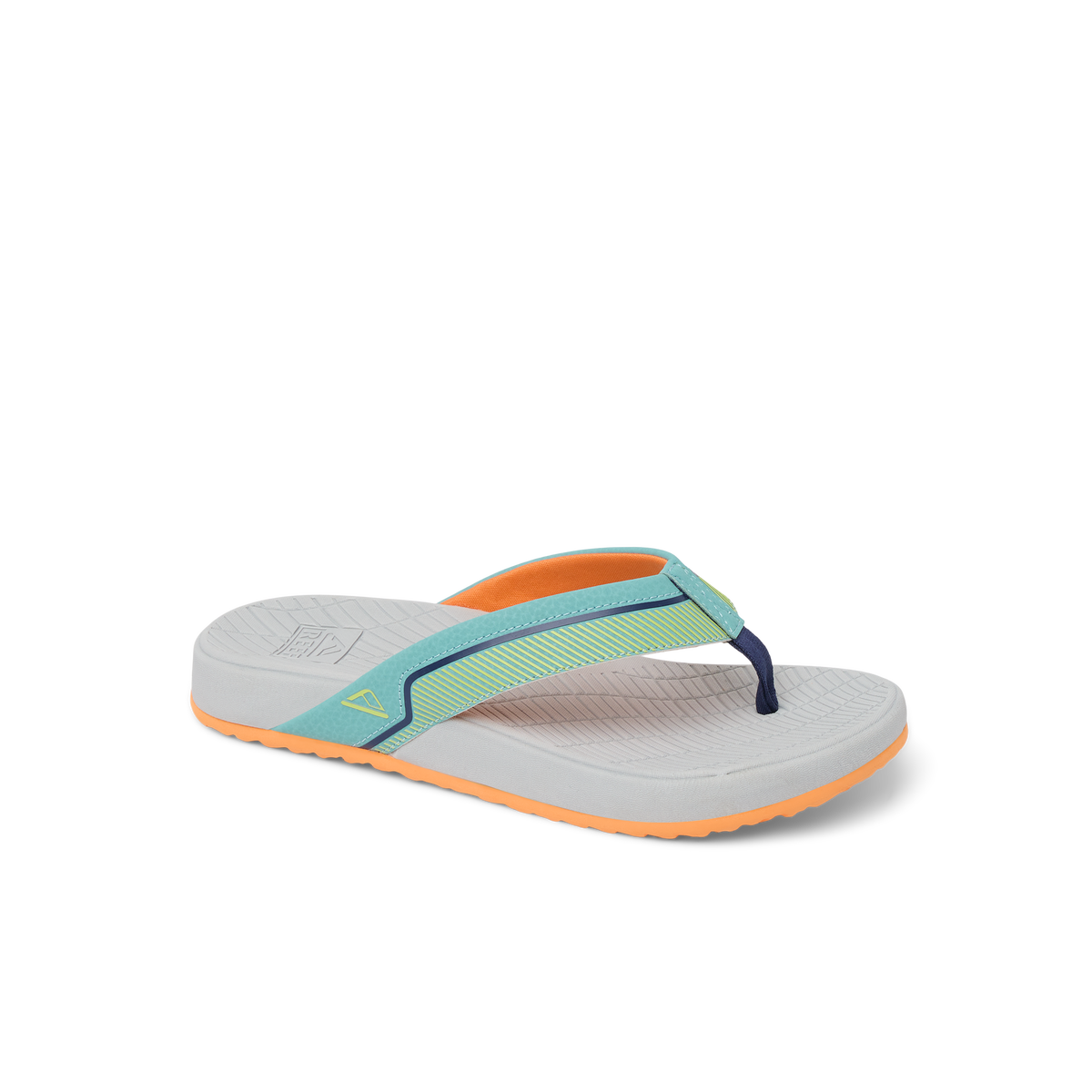 Kids Windswell flip flop facing right, showing side and top view with cushioned grey footbed and orange sole