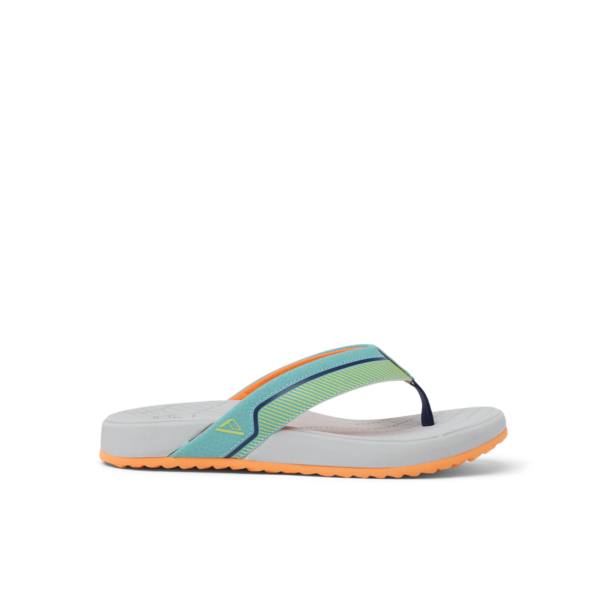 Kids Windswell boys flip flop facing left with cushioned arch support and water-friendly sole in tropical grey and orange colors