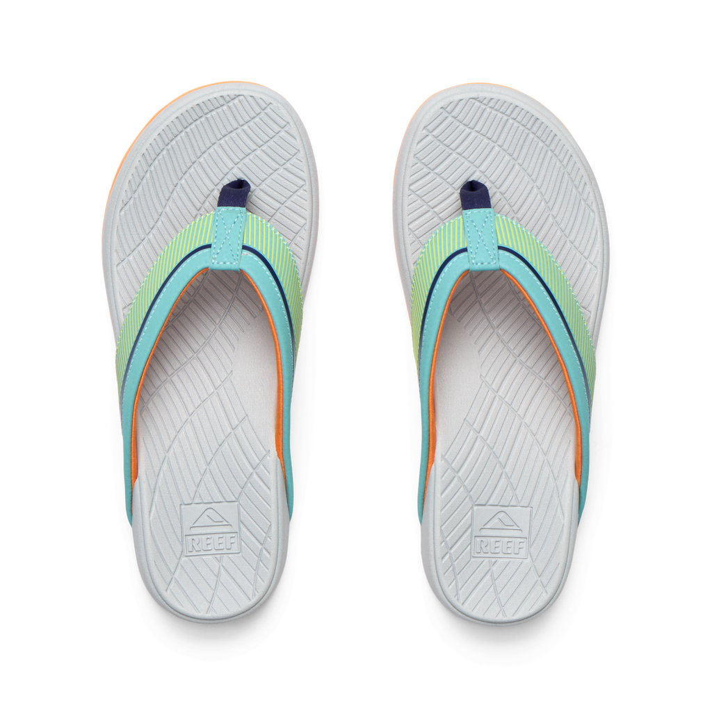 Top view of Kids Windswell boys flip flops in grey with green and blue straps, showing molded footbeds and arch support.