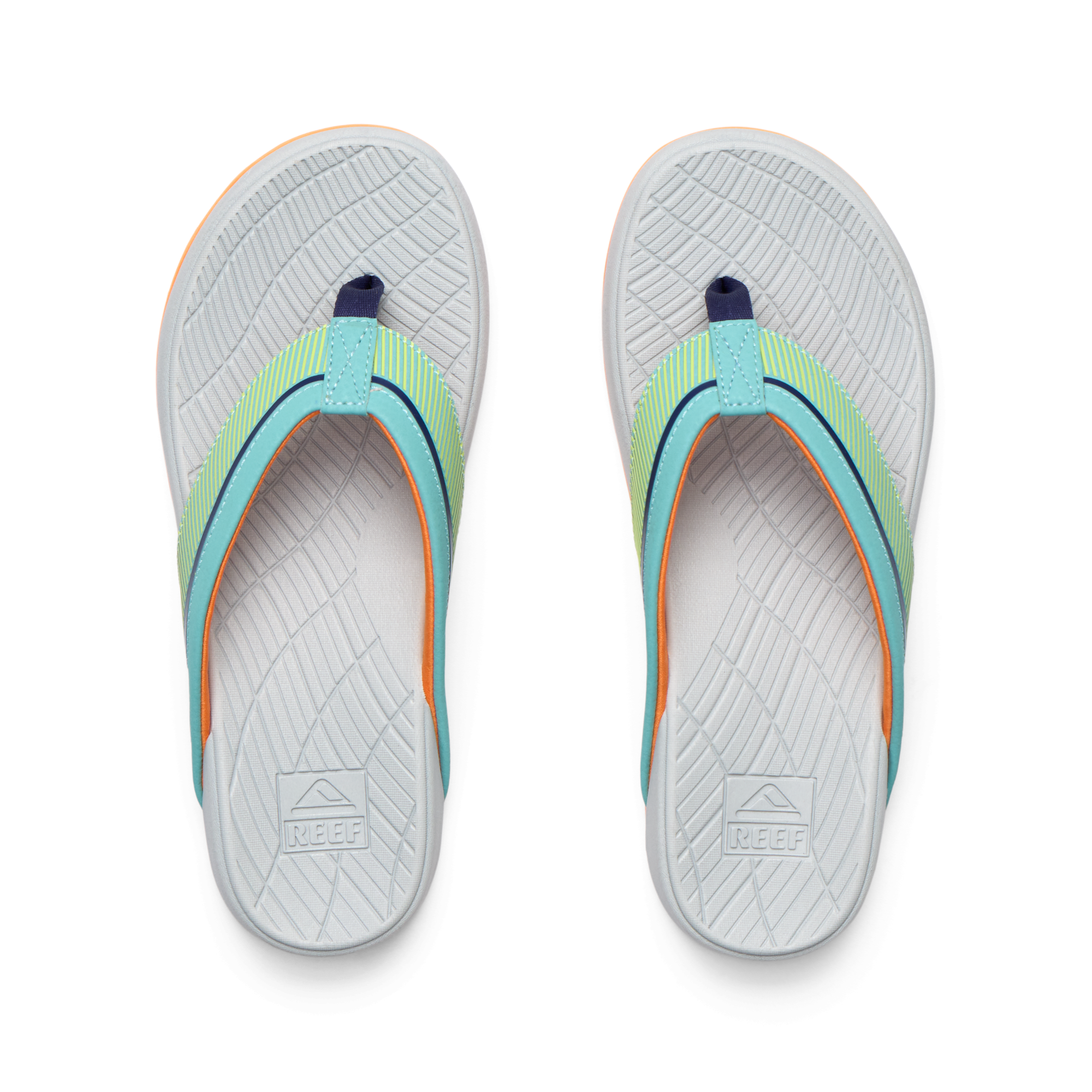 Top view of Kids Windswell boys flip flops in grey with green and blue straps, showing molded footbeds and arch support.