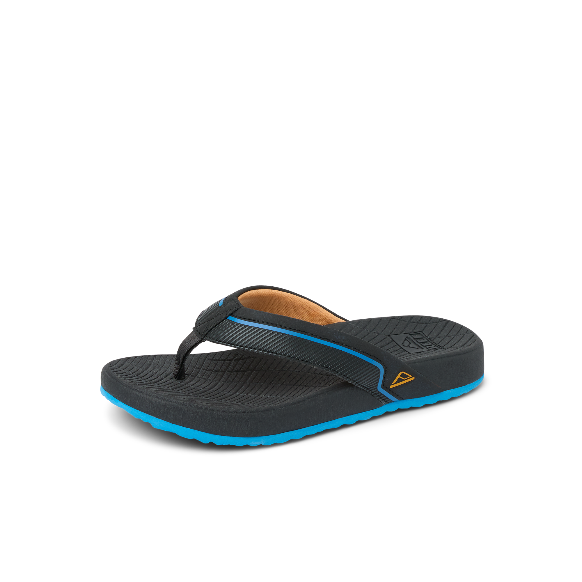 Kids Windswell right-facing black and blue flip flop with anatomical arch support and soft-rebound cushioning close-up