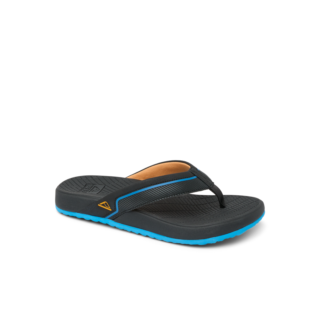 Kids Windswell black and blue flip flop facing left, showing top and side with cushioned arch support and durable sole.