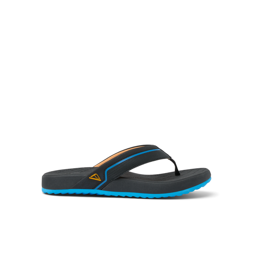 Side view of Kids Windswell flip flop for boys in black and blue with anatomical arch support and soft cushioning.
