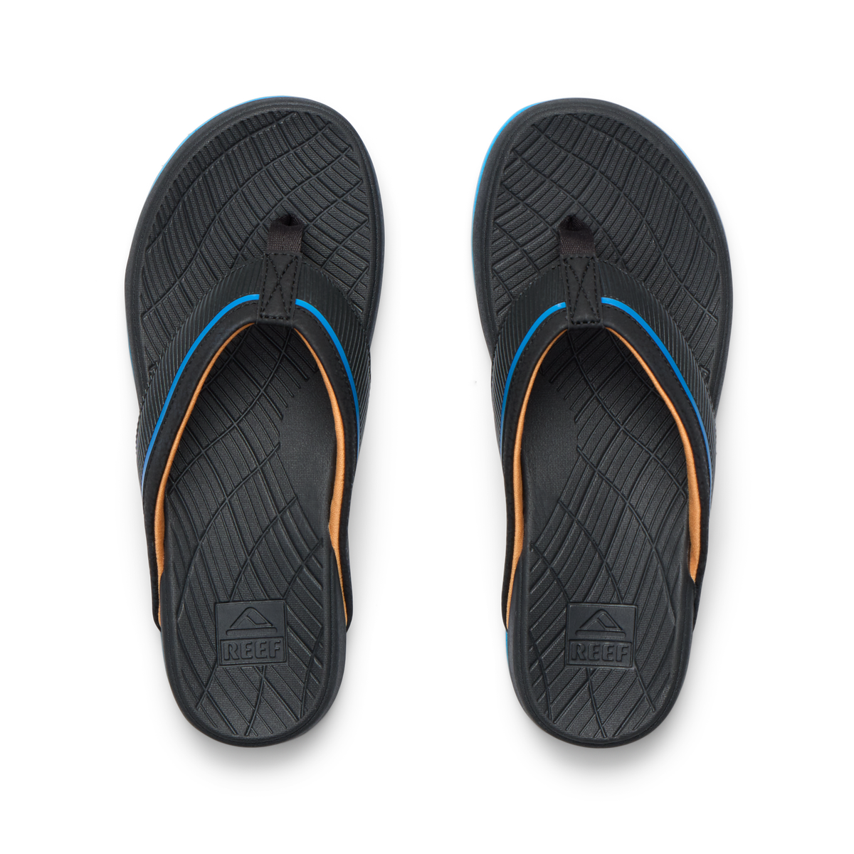 Kids Windswell black and blue flip flops for boys, top view showing textured footbed with arch support and soft cushioning.
